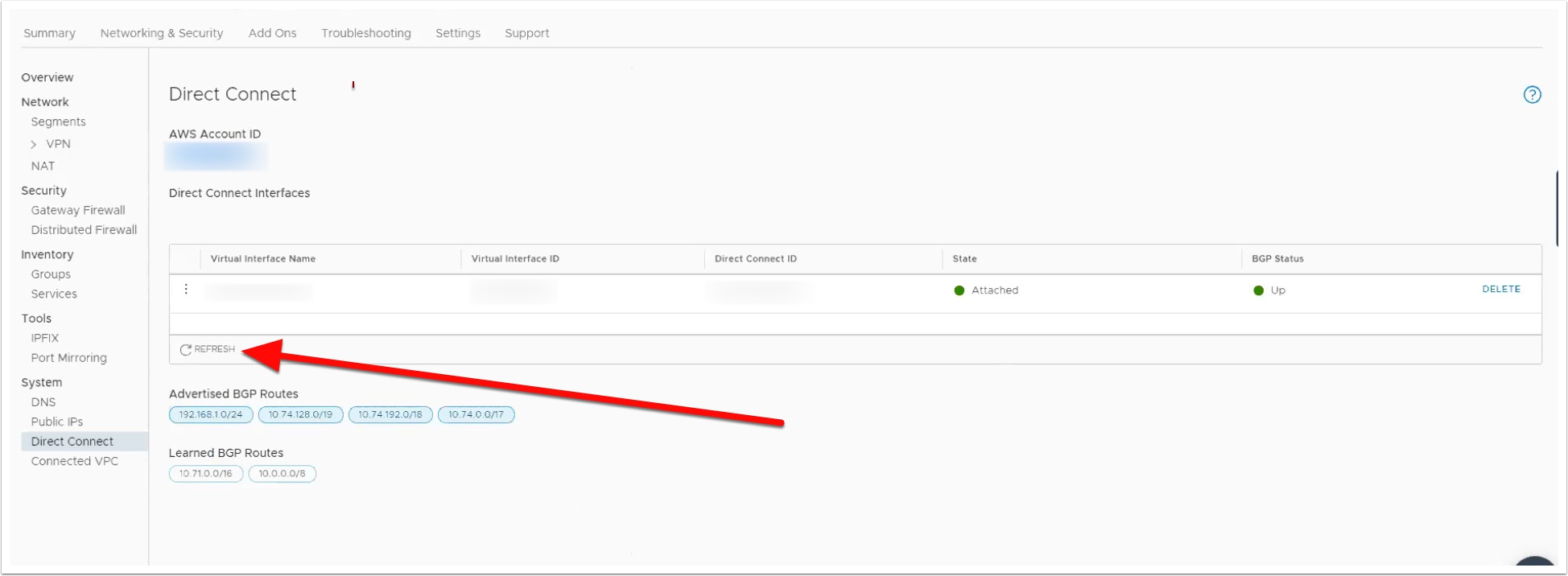 Refresh VIF in VMC Portal